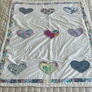 Handmade White Heart Appliqué Lap Quilt Throw - Multicolor Hearts
